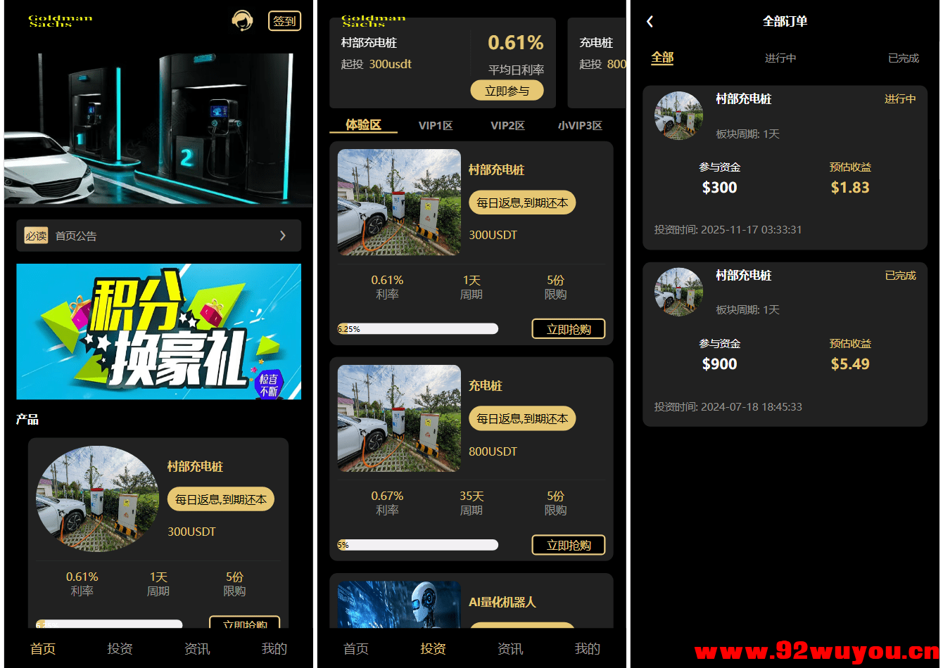 Fidelity充电桩投资理财系统源码-前端uniapp纯源码+后端PHP  9693 无忧技术吧www.92wuyou.cn